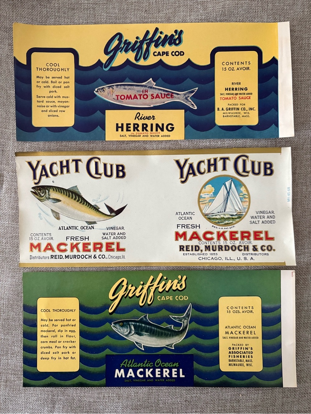 6 Labels. 2 each Griffin's Cape Cod Atlantic Ocean Mackerel & Herring Can Labels